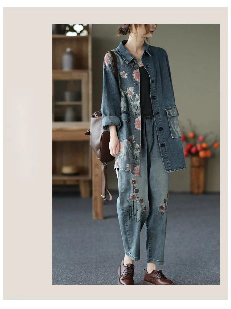 Camisas para Mulheres Lulu Estilo Chinês Topos Senhoras Vintage Floral Denim Casual Solto Impresso Blusas Bolsos Roupas Tamanho Grande Max 2021 16 Moda Feminina