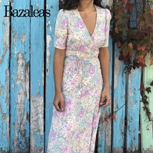 Bazaleas, французское Пастельное Платье с принтом hydrang, винтажное платье с запахом, модное повседневное женское платье миди с завязками и боковыми пуговицами