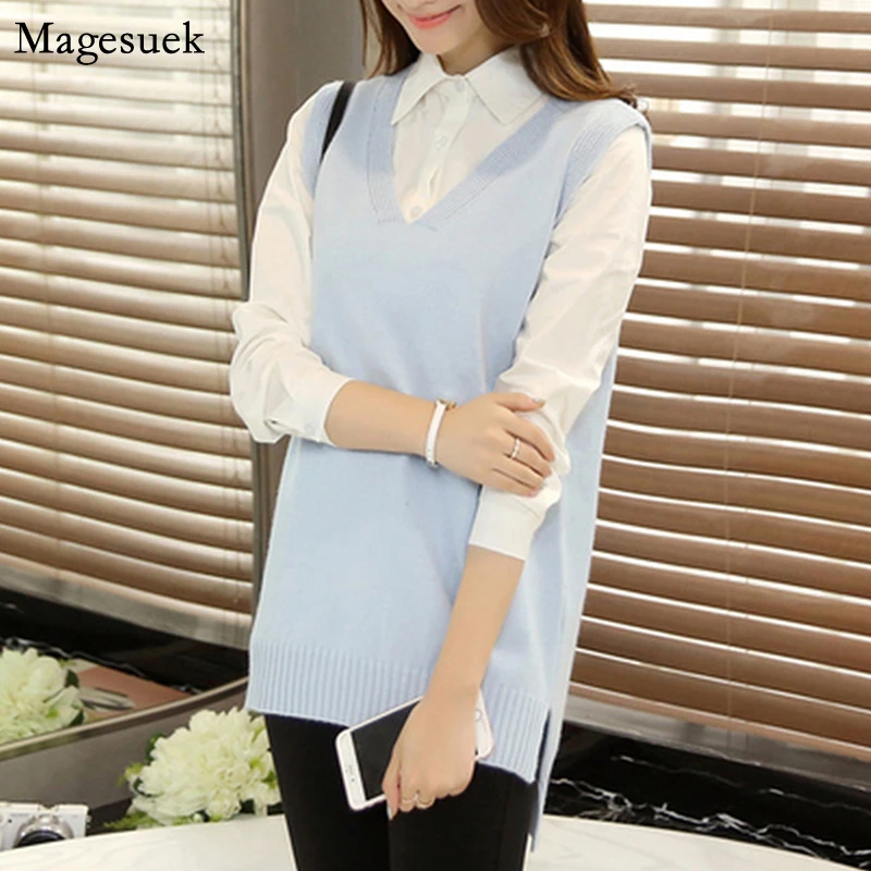 

V-neck Knitted Sweater Vest Women Pullover Autumn Winter Elegant Loose Sweater Women 2021 Casual Sleeveless Sweater Vest 11934