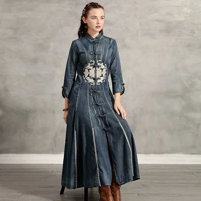 Длинное джинсовое платье на осень и зиму, женское винтажное платье с вышивкой в китайском стиле, в виде лягушки, с узлом и стоячим воротником - Цвет: Синий