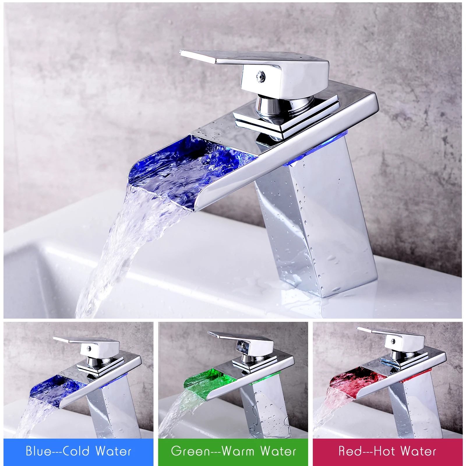 OUGOO grifo con luz LED para lavabo de baño, caño de cascada que cambia 3 colores, mezclador de agua fría y caliente, un solo orificio|Grifos de lavabo| - AliExpress