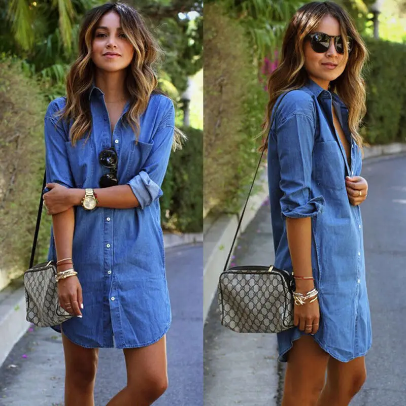 

Summer Women's Blue Jeans Denim Long Sleeve Casual Loose Shirt Mini Dress Button Turn Down Collar Short Dresses