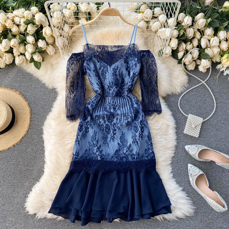 collar off shoulder design perspective lace middle sleeve slim fit bag hip Chiffon Ruffle Dress women's spring dress