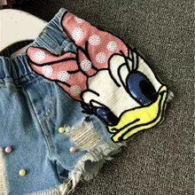 Весна-осень, стиль г., летний стиль, корейский стиль, детские джинсовые шорты с дырками и милым рисунком для девочек модная одежда