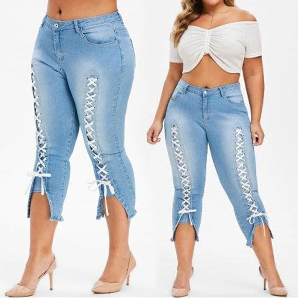 

Plus Size Skinny Jeans Women Casual Elastic Denim Jeans Nature Waist Mom Jeans Pencil Pants Washed Summer Women Pants