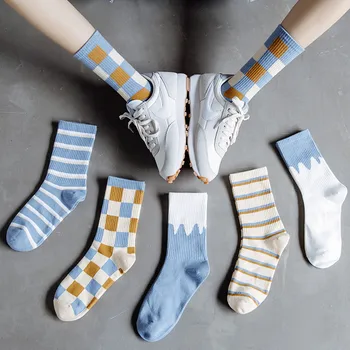 

Harajuku Blue Striped Women Crew Socks Ins Trend Plaid Combed Cotton Female Long Socks High Quality Patchwork Elastic Girls Sox
