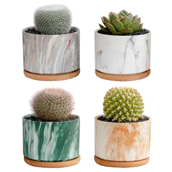

4PCS Marble Ceramic Flower Pot Household Flower Container Straight Round Potting Pot Mini Succulent Plant Flower Pot for Office