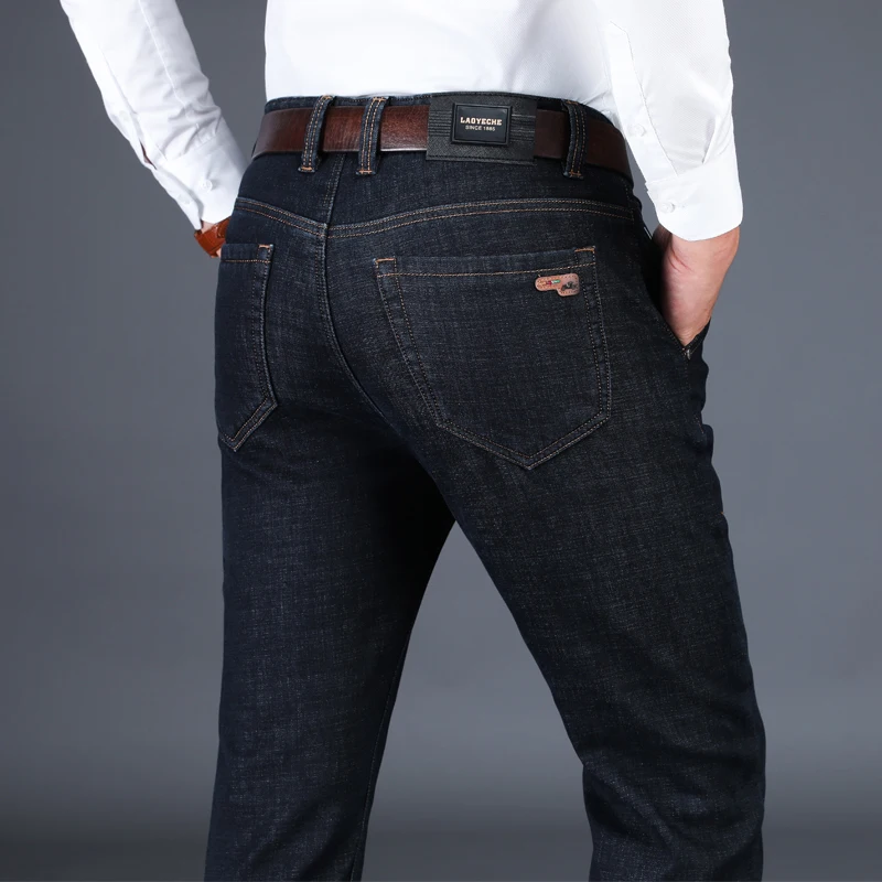 Brand Winter New Men's Warm Fleece Jeans Business Casual Elasticity Thick Slim Denim Pants Brand Trousers Black Blue