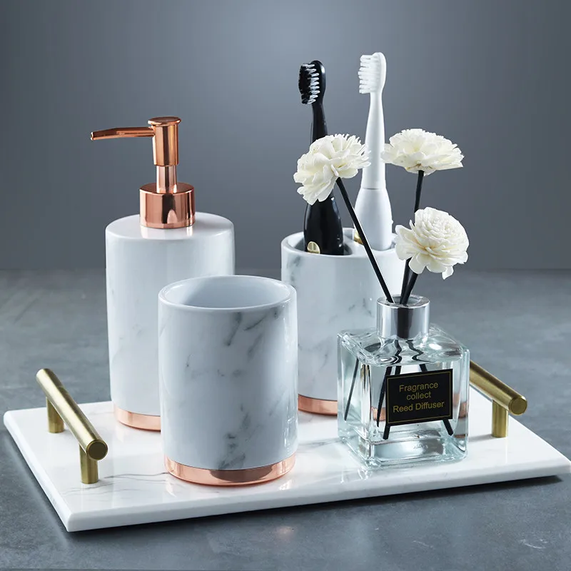Ceramic Bathroom Accessories Set Soap Dishes/Dispensers Toothbrush Holder & Gargle Cups Wedding Gifts White & Gold Marbling
