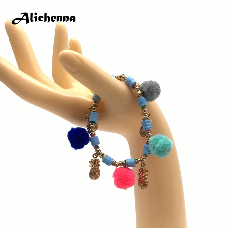 

Bohemian Colour Hair Ball Beaded Bracelet Pineapple Alloy Bracelet Latest Popular Styler Statement Boho Fashion Charm Bracelet