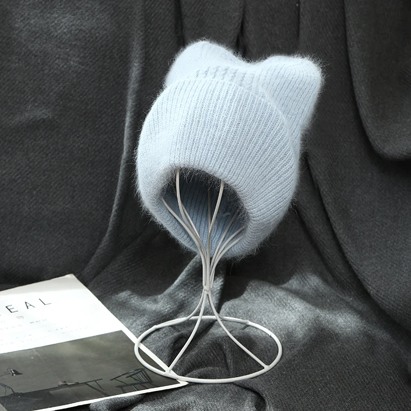 VISROVER 17 Colorway Unisex Solid Cat Shape Rabbit Fur Woman Winter Hat Soft Autumn Bonnet Cute Cat Ear Woman Warm Skullies Gift 