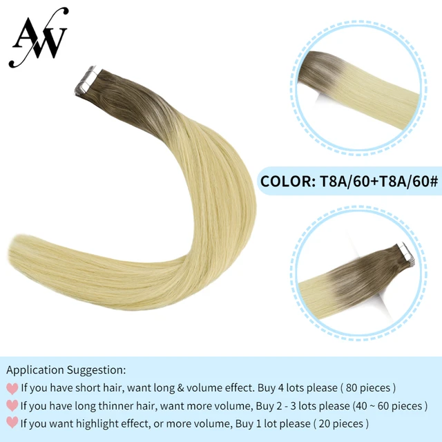 AW 12''-28'' Tape In Human Hair Extensions Straight Seamless Invisible Natural Machine Made Remy Adhesive Glue On Hair Extension T8A60PT8A60