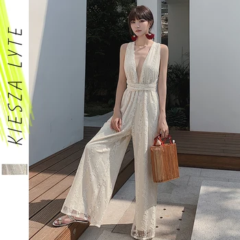 

Elegant Lace jumpsuit women new 2020 summer deep v-neck sleeveless cross back high waist sexy slim long wide-leg jumpsuits femme
