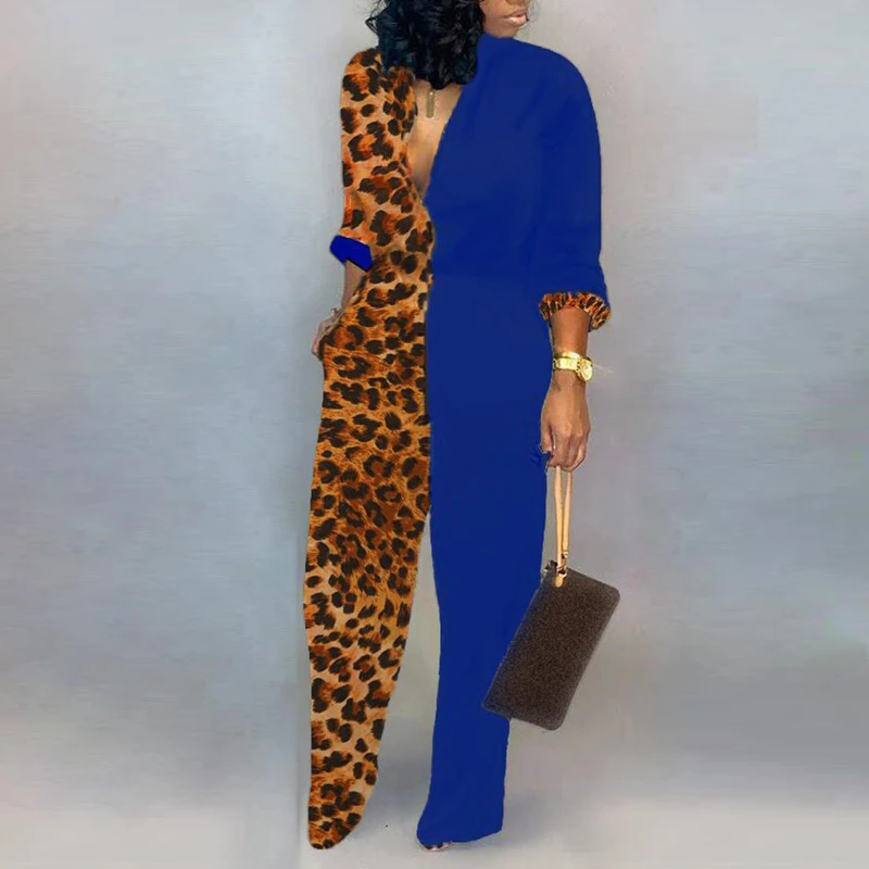Женский сексуальный комбинезон с глубоким v-образным вырезом и длинными рукавами, Осенний комбинезон с буквенным принтом, повседневный Свободный комбинезон с камуфляжным принтом, цельный комбинезон - Цвет: Leopard Blue