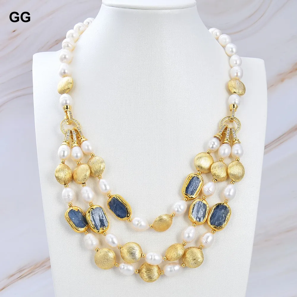 

GG Freshwater Cultured White Rice Pearl Gold Edge Plated Blue Kyanite Choker Necklace 20" Handmade For Women