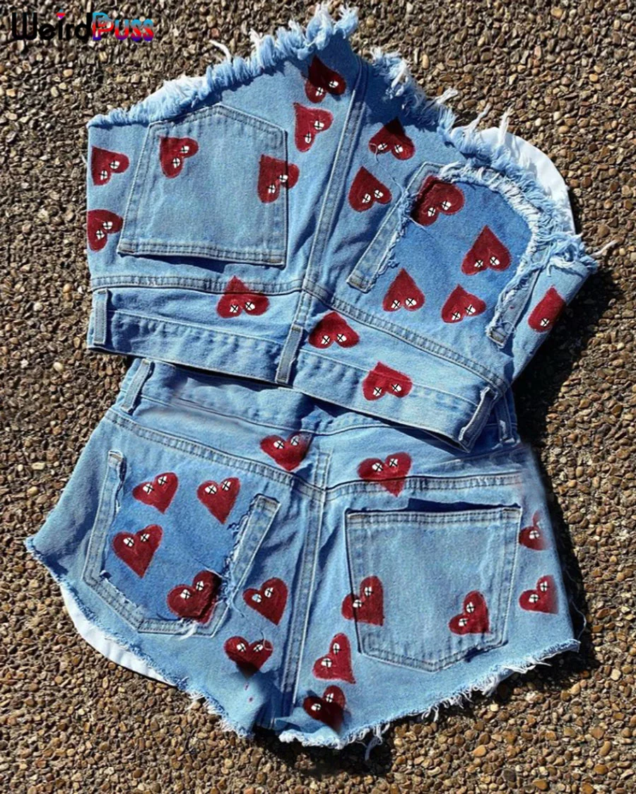 Weird Puss Sexy Heart Print Jean Shorts Women Casual Summer Fashion 2021 Streetwear Fur-Lined Leg-Openings Denim Booty Shorts khaki shorts