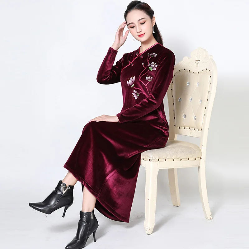 

Gold Velvet Cheongsam Dress Mom Wedding Formal Dress 2019 Autumn & Winter New Style WOMEN'S Dress a Generation of Fat