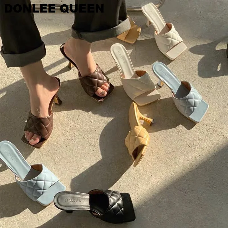 Мюли женские на высоком каблуке 7 см квадратный носок без застежки сланцы вышивка