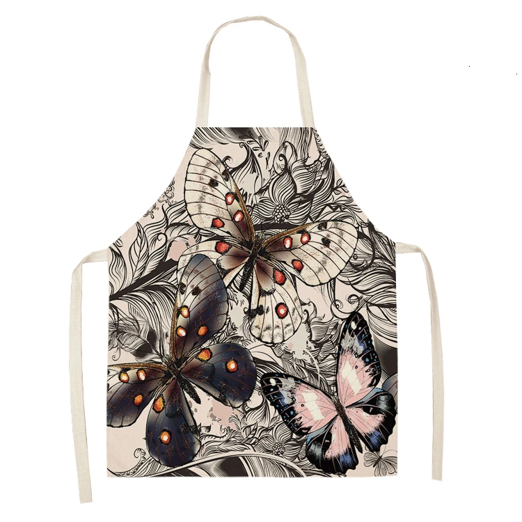1PC Cotton Baking Waist Bib Linen Flower Butterfly Printed Kitchen Sleeveless Aprons Women Home Cooking Pinafore 53*65cm WQL0147 - Цвет: WQL0147-19