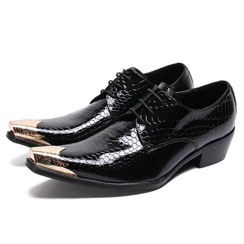 Alligator Pattern High Heels Man Formal Dress Party Shoes Patent Leather Oxfords Metal Toe Derby Men's Wedding Flats SL678 - Цвет: Черный