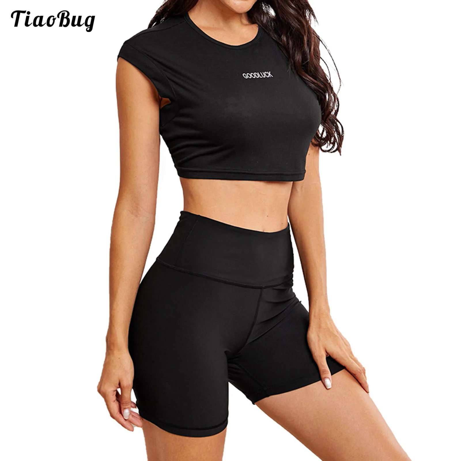 

Summer Women 2Pcs Sport Suit Tracksuit Gym Outfit Round Neck Crop Top With High Waist Elastic Waistband Shorts Yoga Sportswear