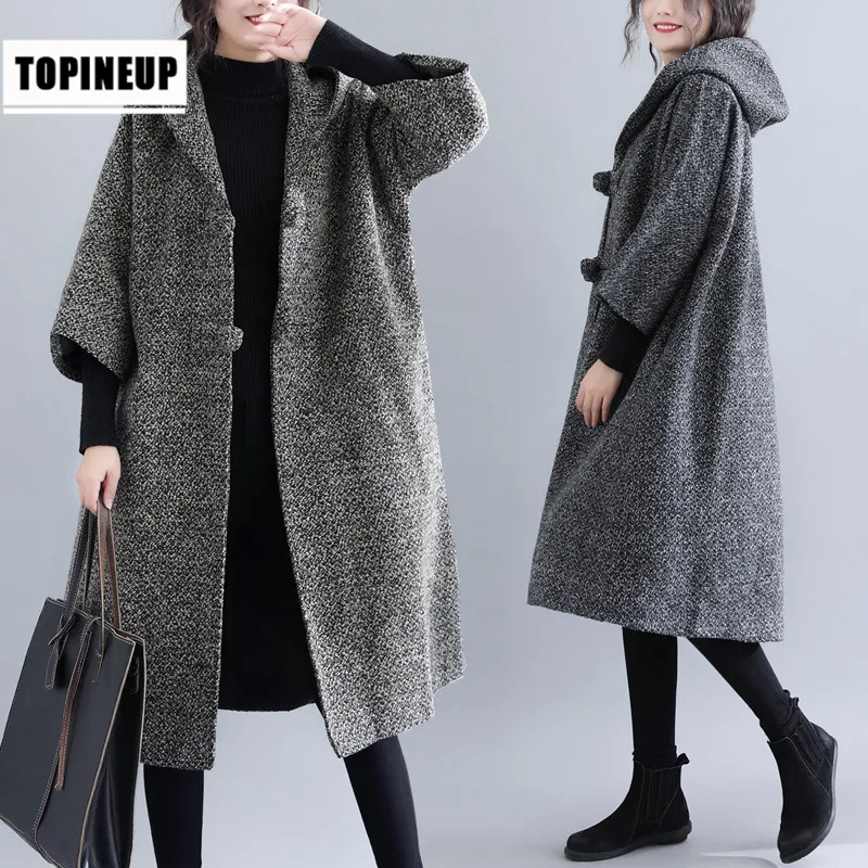 

2019 Warm Long Sleeve Plus Size Loose winter oversize plaid hooded woolen coat for women Temperament Batwing Coat