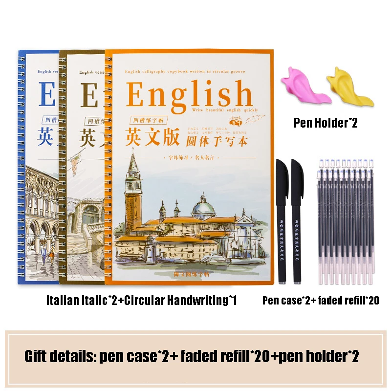

3 Reusable Groove Calligraphy Copybook English Italic Handwriting Groove Training Pen Refills Hold Tools Set