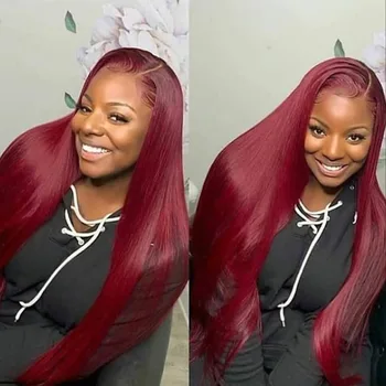 

99j Burgundy Red Hair 360Lace Frontal Human Hair Wigs with Baby Hair Straight Silk Base Full Lace Deep Part 13x6 Lace front Wig