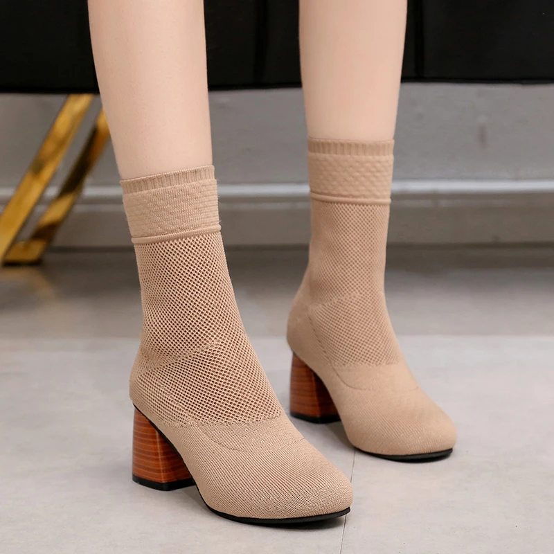 

plus plush Stretch Sock Boots Woman 6 Cm Thick High Heel Mid Calf Boots Women Winter Elegant Ladies Square Heel Booties