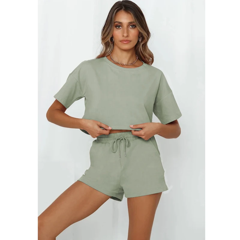 Tops For Women Summer Clothes Set Casual Home Wear O Neck Short Sleeve Top Pants Suit Two Piece Set Woman Solid Sporty Outfits