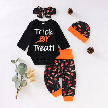 

Baby Boy Girl Sets Lollipop Printing Rompers Halloween And Trousers Kids Four-piece Outfit Set Spring Autumn