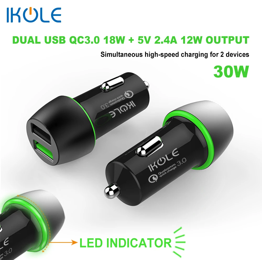 Автомобильное зарядное устройство IKOLE QC3.0 с 2USB портами 30 Вт 5 В 2 4 А|Зарядные