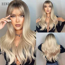 

HENRY MARGU Long Wavy Synthetic Wigs with Bang Ombre Brown Blonde Natural Hair Wigs for Women Cosplay Party Heat Resistant Wig