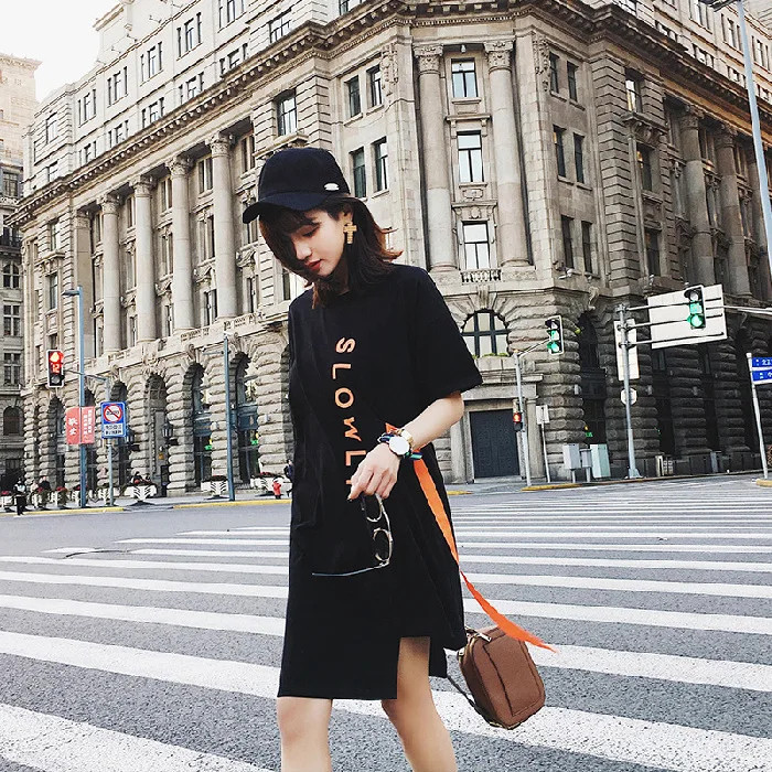 

2019 Summer T-shirt Popular Brand Printed Letter Short Sleeve WOMEN'S Dress Korean-style Loose-Fit Mid-length Sheath Slimming Dr