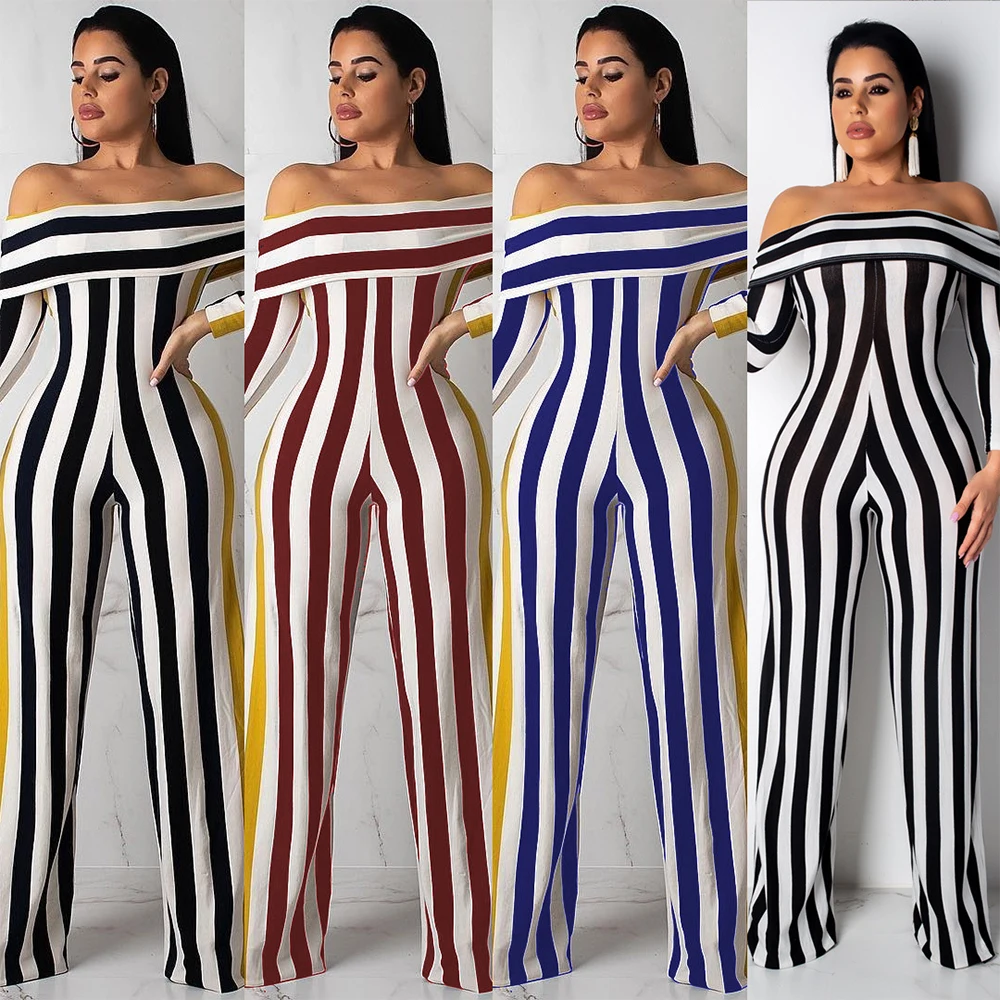 Women Striped Off Shoulder Butterfly Sleeve Slash Neck Straight Jumpsuit Party Night Clubwear Plus Size Bodycon Rompers Playsuit