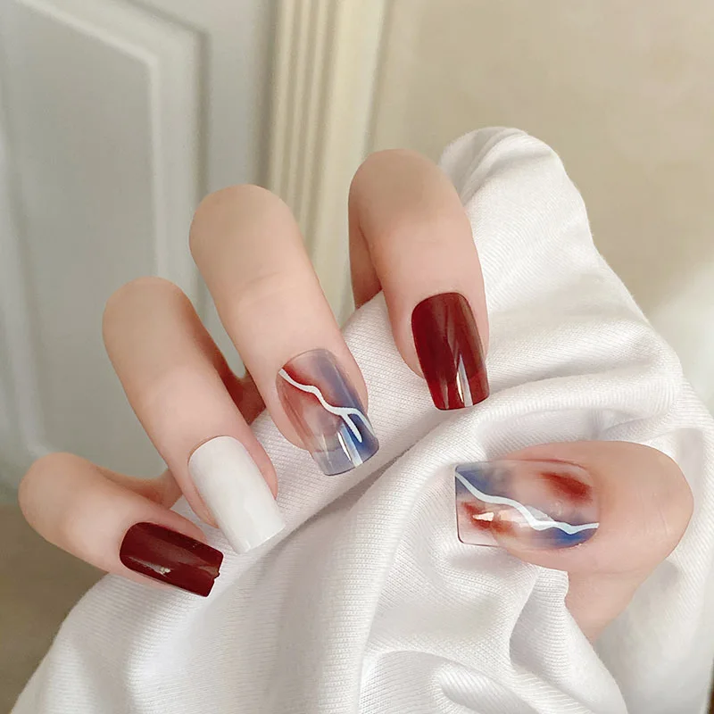 Fashionable Plastic Press On Nails Transparent Square Medium Length Beautiful Fake Nail Art Wine Red with Lightening Design 24pc | Красота и
