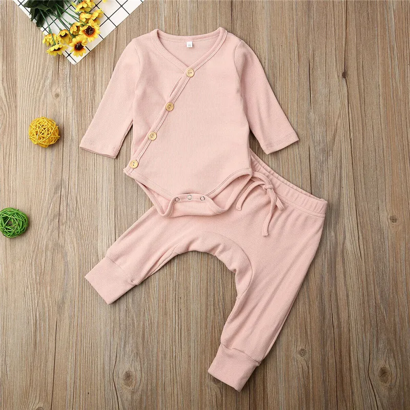 Pink 0-18M Newborn Kid Baby Boy Girl Pajamas set Long Sleeve Body Top and Pants suit Elegant Cute lovely sweet Pjs Set Sleepwear - Color: Pink