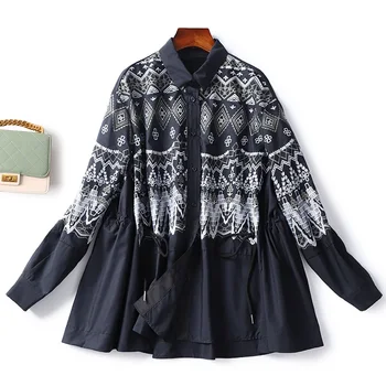 

High Quality Cotton Blouses 2020 Spring Women Turn-down Collar Geometric Embroidery Long Sleeve Casual Loose Shirts Female Tops