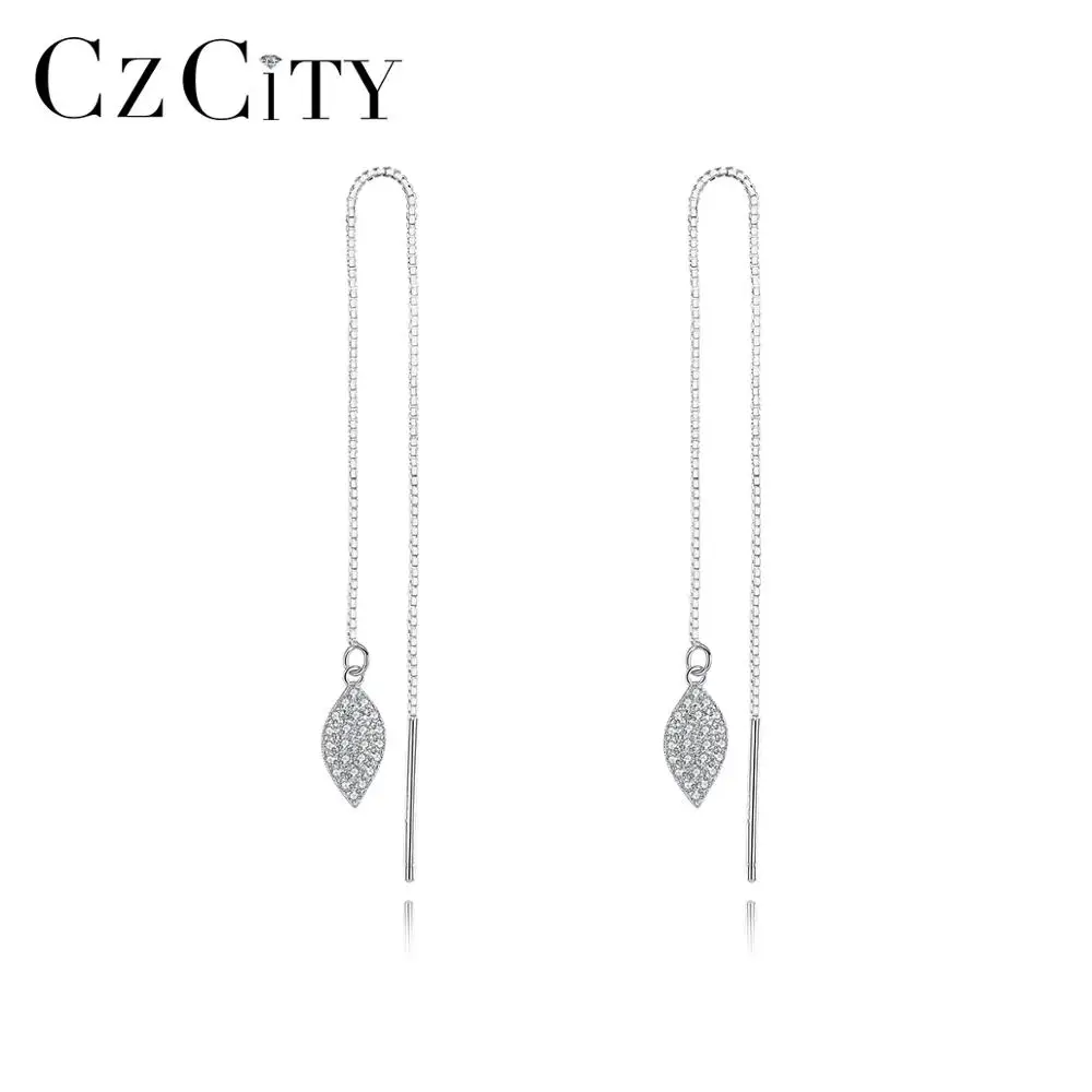 CZCITY 925 стерлингового серебра кисточкой листье-образные свисающие серьги для