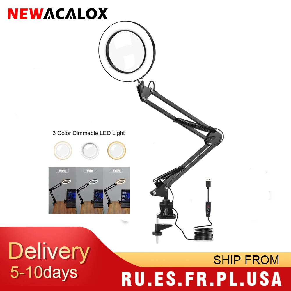NEWACALOX-Lupa iluminada 5X, USB, 3 colores, lupa LED para reparación de soldaduras de hierro, lámpara de mesa, herramienta de belleza de cuidado de la piel