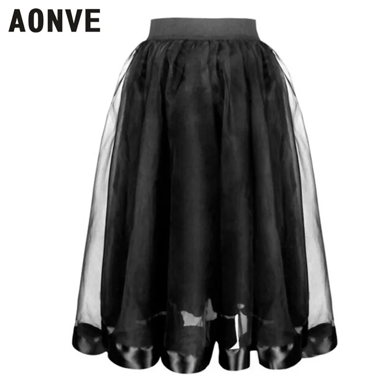 

AONVE 2019 Long Skirt Women Black Goth Mesh Skirts Fashion Midi Skirt Elastic Waist Gothic Clothing Female streetwear