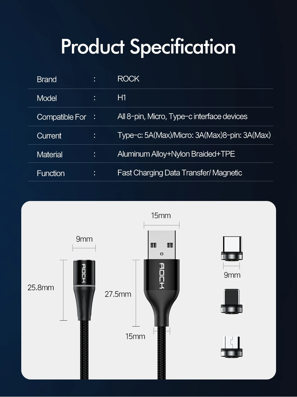 ROCK 5A Магнитный кабель Micro Usb type C супер быстрая зарядка телефона Usb C светодиодный светильник для iPhone Xiaomi huawei Android Phone 1 м 2 м