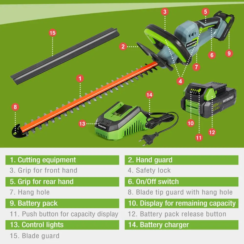 VEVOR 20V Cordless Hedge Trimmer 18 inch Double-Edged Steel Blade Hedge Trimmer Kit 20V Battery Fast Charger and Blade Cover Included 180° Rotating