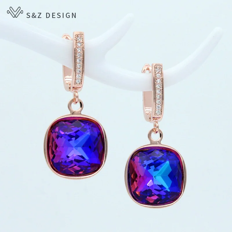 S&Z DESIGN Korean Fashion Elegant Colorful Square Crystal Dangle Earrings For Women Wedding Jewelry Gift 585 Rose Gold Eardrop