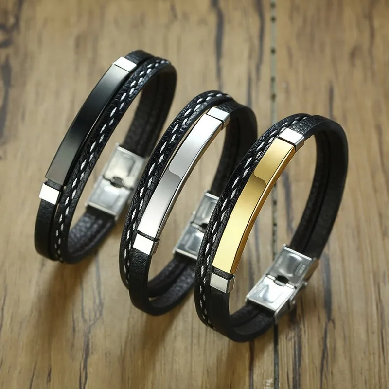 Многослойные кожаные браслеты для мужчин и женщин, настраиваемый гравировальный браслет из нержавеющей стали, повседневный персонализированный браслет