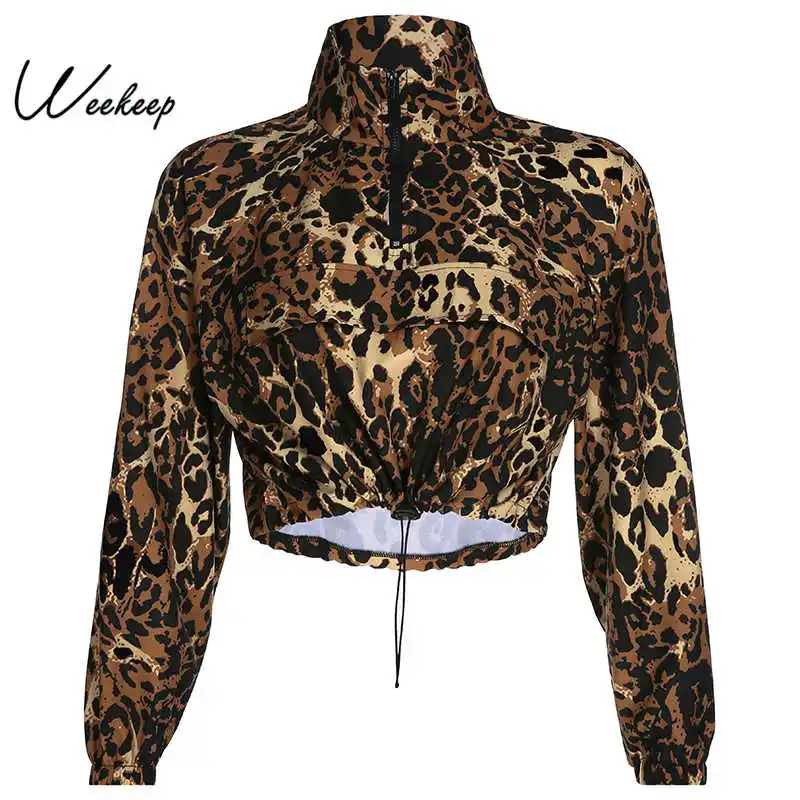 

Weekeep Adjustable Waist Leopard Turn Down Collar Sweatshirt Women Streetwear Cropped Zipper Pullover Hoodies Tops