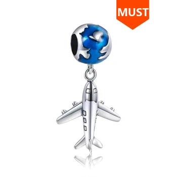 

100% Original 925 Sterling-Silver-Jewelry Cute The earth and the plane Pendant Charms Beads Fit Authentic Europe Bracelet Gift