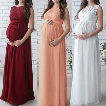 

Women Maternity Gown For Photo Shoot Flower Printed O-Neck Lace Sleeveless Maxi Dresses Pregnancy Evening Dress Vestidos #LR2
