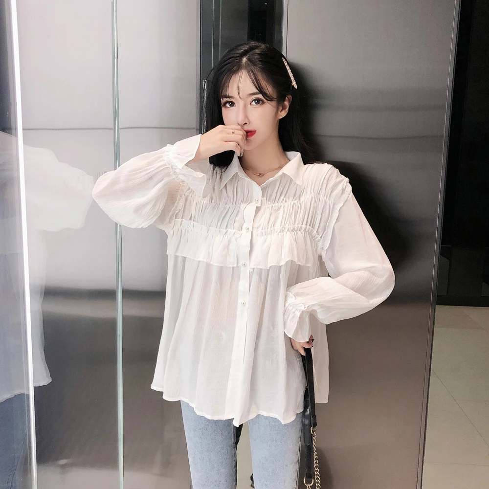 New Autumn Cute Women Shirts Ruffles Full Sleeve Loose Hong Wind Fold Blouse Shirt White Pink 3872