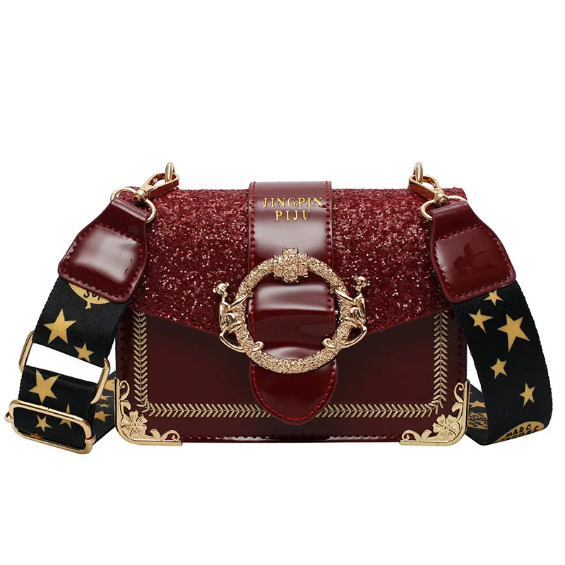 

2019 new fashion sequins small square bag Korean version of thick thread wheat wide shoulder strap shoulder slung bag
